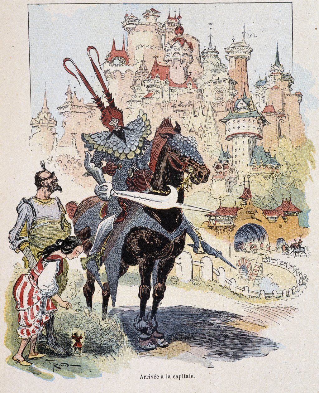 Ankomst til hovedstaden - i "" Gulliver Voyages"" av Swift, ill. av Robida av Albert Robida