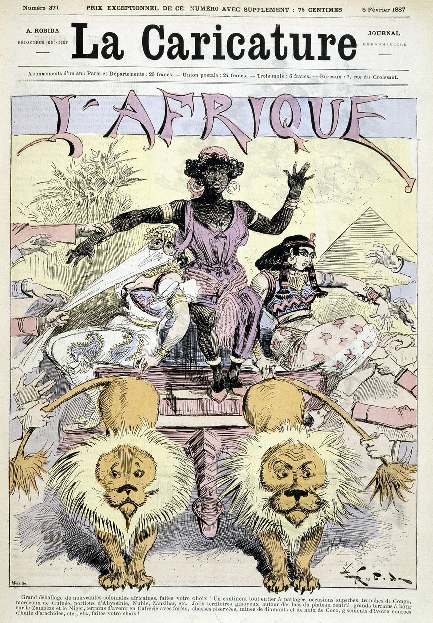 Tegneserie om kolonialisme i Afrika “” Flott utpakking av afrikanske koloninyheter, gjør ditt valg! Et helt kontinent å dele, flotte anledninger, stykker av Kongo, biter av Guinea” av Robida - i “” La Caricature”” fra 05/02/1887 av Albert Robida
