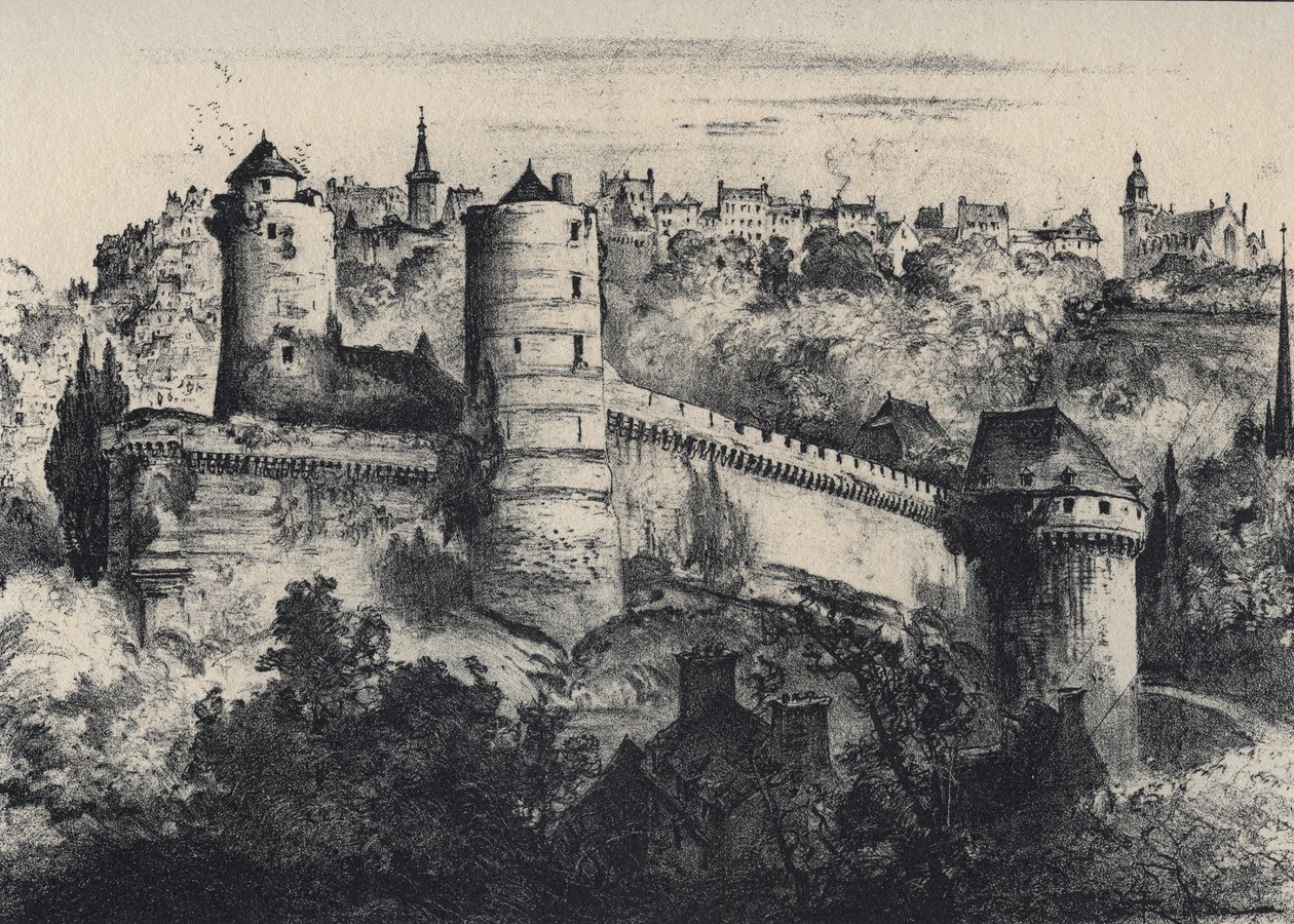 Chateau de Fougeres - slottsfort i departementet Ille-et-Vilaine. Gamle Frankrike - Bretagne - tekst, tegninger og litografier, av Albert Robida (1848-1926) udatert slutten av 1800-tallet av Albert Robida