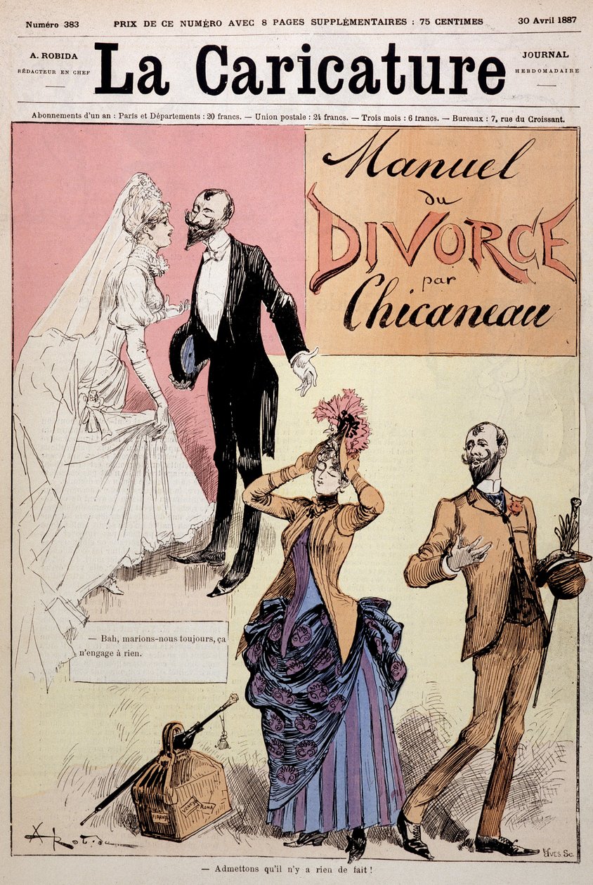 Par giftet seg deretter skilsmisse, "" Le Manuel du divorce"" av Chicaneau, illustrasjon av Albert Robida (1848-1926), omslag. ""Karikaturen"", 30.04.1887. av Albert Robida