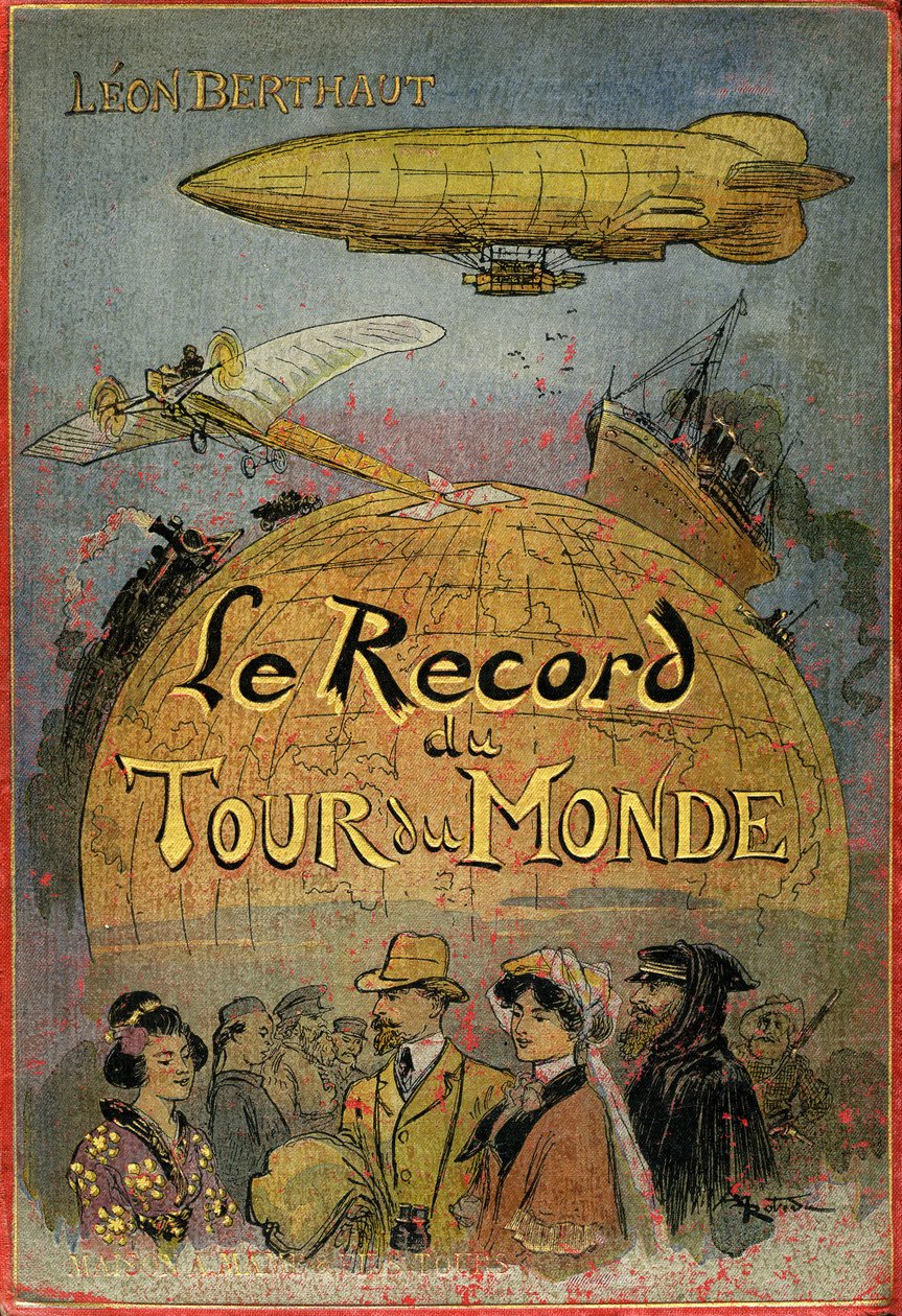 Omslag illustrert av Albert Robida (1848-1926) av Leon Berthaults bok quot;Le record du tour du mondequot;, utgave Mame debut 20eme century (1911) - Dette er en quot;julesverneriequot; eventyrroman sterkt inspirert av arbeidet til Jules Verne og hans quot; av Albert Robida
