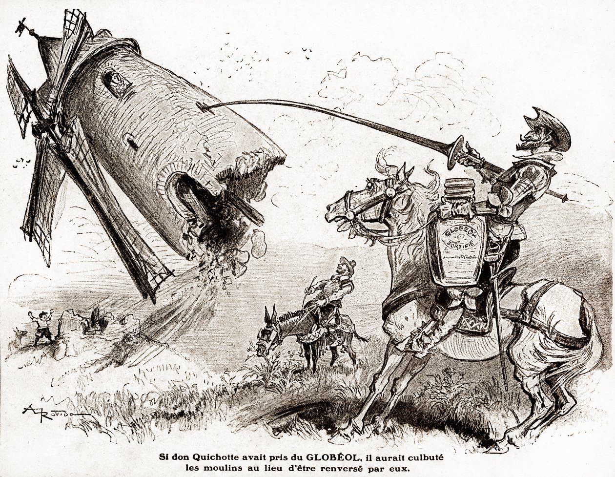 Don Quijote for en annonse for den befestende Globeol, rundt 1916 (illustrasjon) av Albert Robida