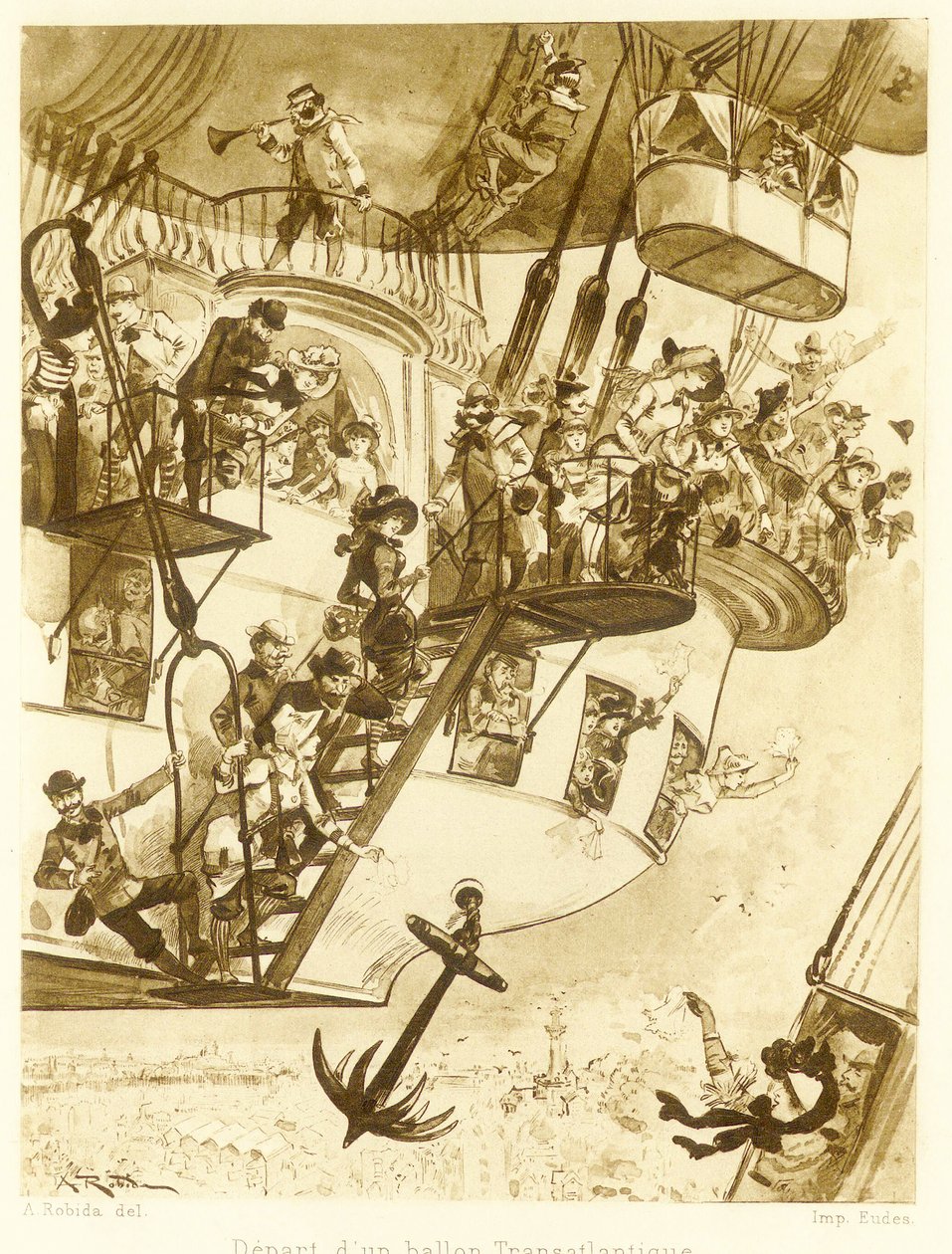 Avgang av en transatlantisk ballong, fra Le Vingtieme Siecle, pub. 1883 av Albert Robida