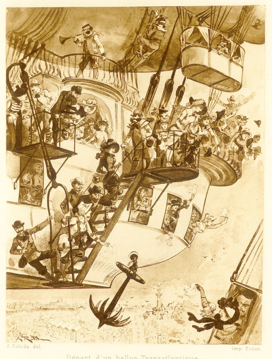 Avgang av en transatlantisk ballong, fra Le Vingtieme Siecle, pub. 1883 litografi, 1883. av Albert Robida