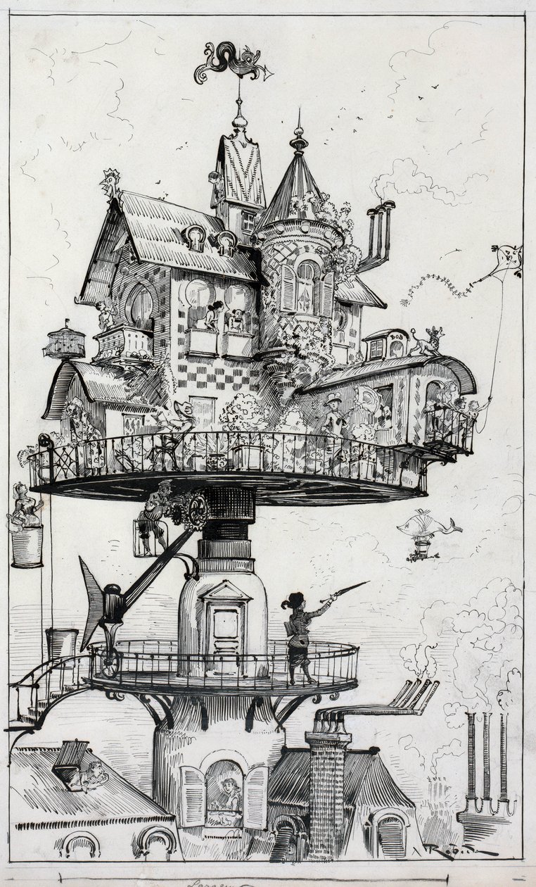 Tegning viser en boligstruktur hevet over hustak og designet for å rotere og justere i forskjellige retninger, tegning av Albert Robida ca. 1883 av Albert Robida