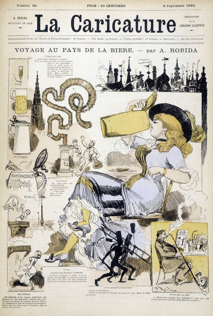 Redigering med kvinne som drikker et ølkrus av Robida - couv. i "" La karikaturen""" av 4/9/1880. av Albert Robida