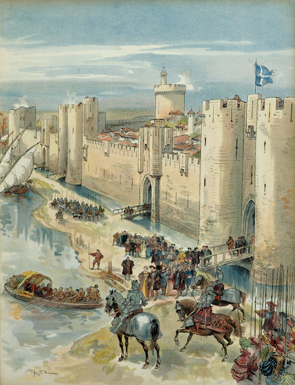 Åttende italienske krig (1536-1538): intervju av Aigues Mortes (eller treve av Aigues Mortes) 14. juli 1538, møte mellom Francois I (1494-1547), konge av Frankrike og Charles V (1500-1558), konge av Spania og keiser av Det hellige romerske rike germansk. I av Albert Robida