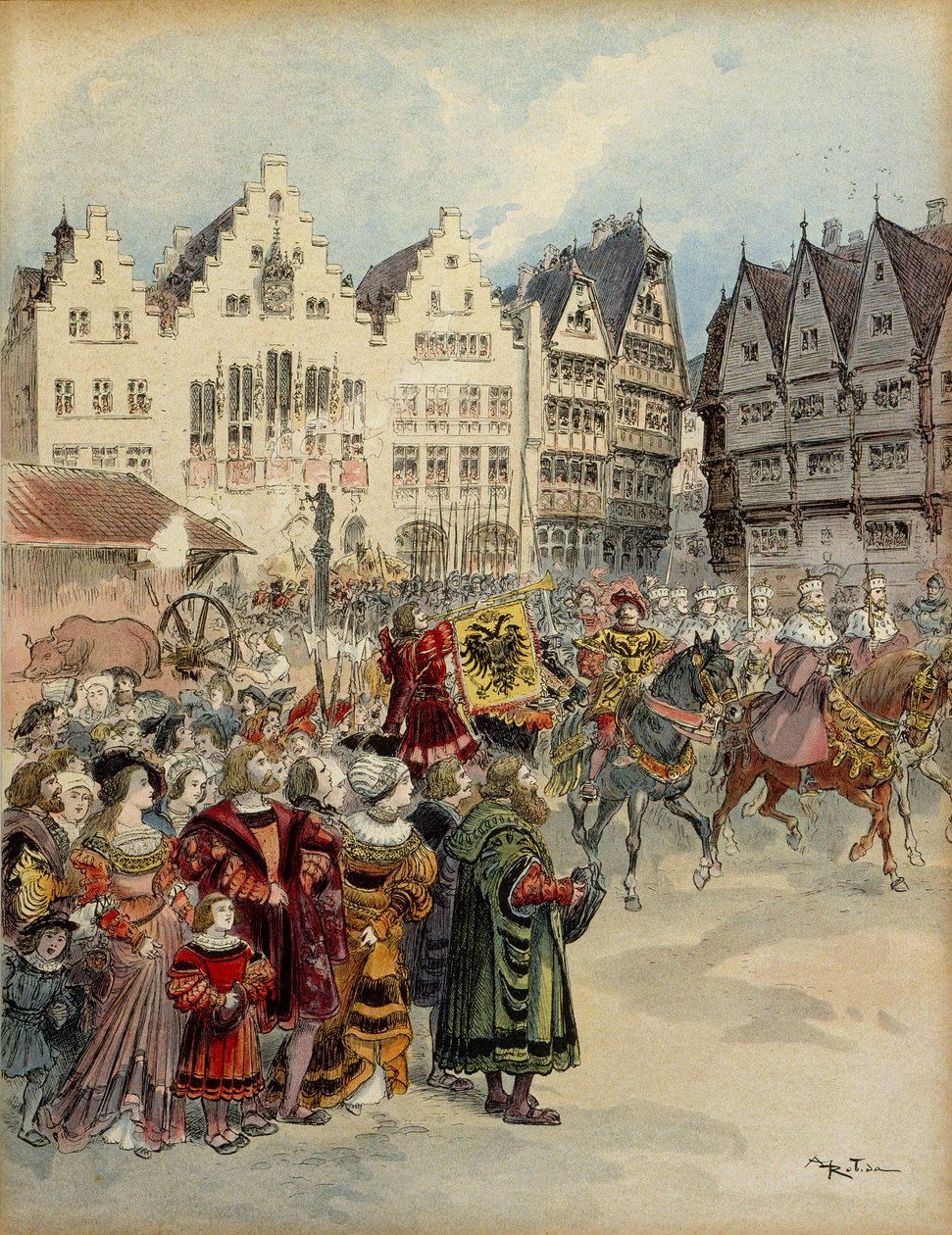 Valg av Karl V (1500-1558) til keiser av Tyskland 28. juni 1519. De syv kurfyrstkårene går gjennom gatene i Frankfurt (Tyskland). Illustrasjon av Albert Robida