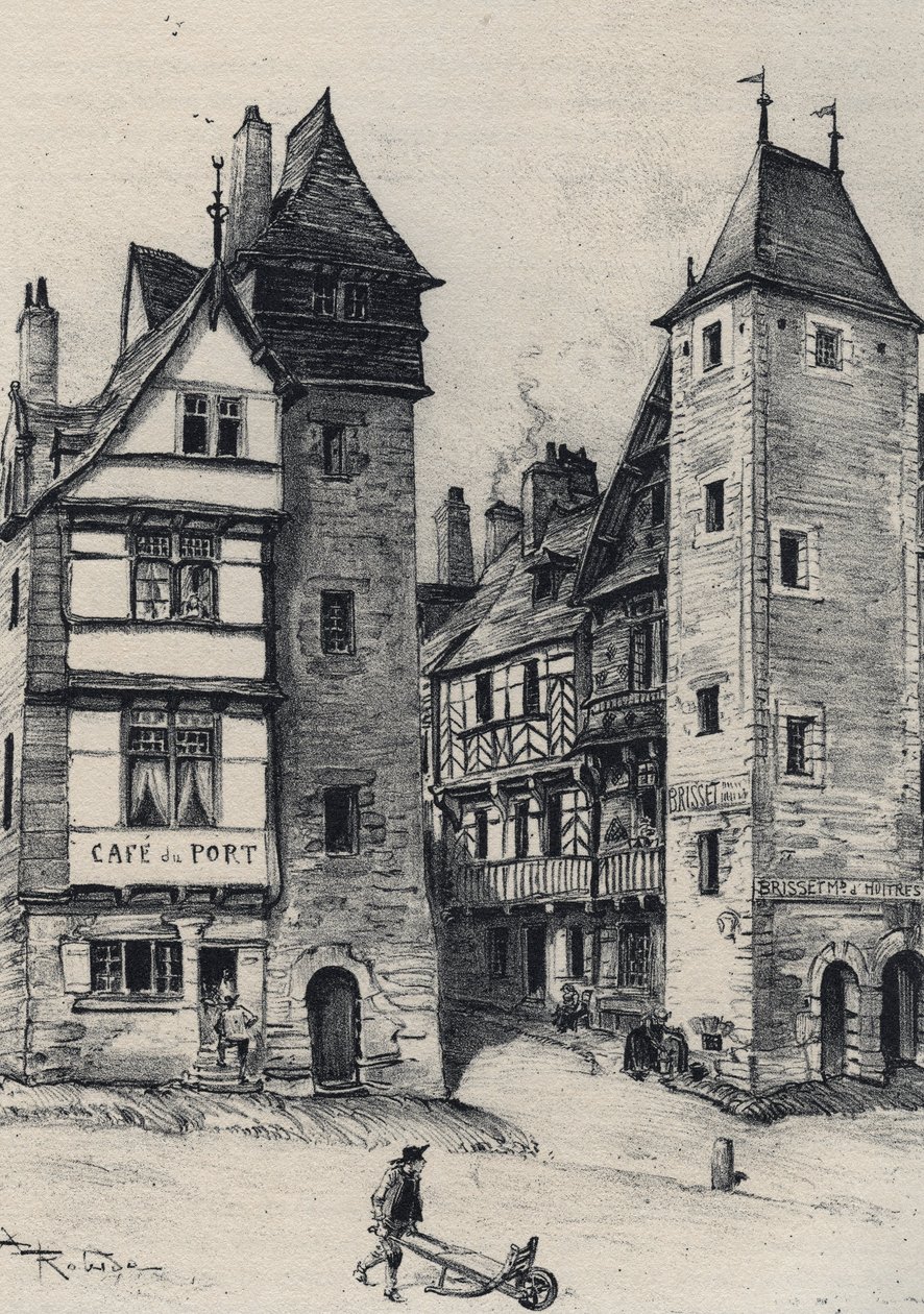 Entee de Treguier hovedstad i kantonen i departementet Côtes-d'Armor, i regionen Bretagne - La vieille Frankrike - La Bretagne - tekst, tegninger og litografier, av Albert Robida (1848-1926) udatert slutten av 1800-tallet av Albert Robida