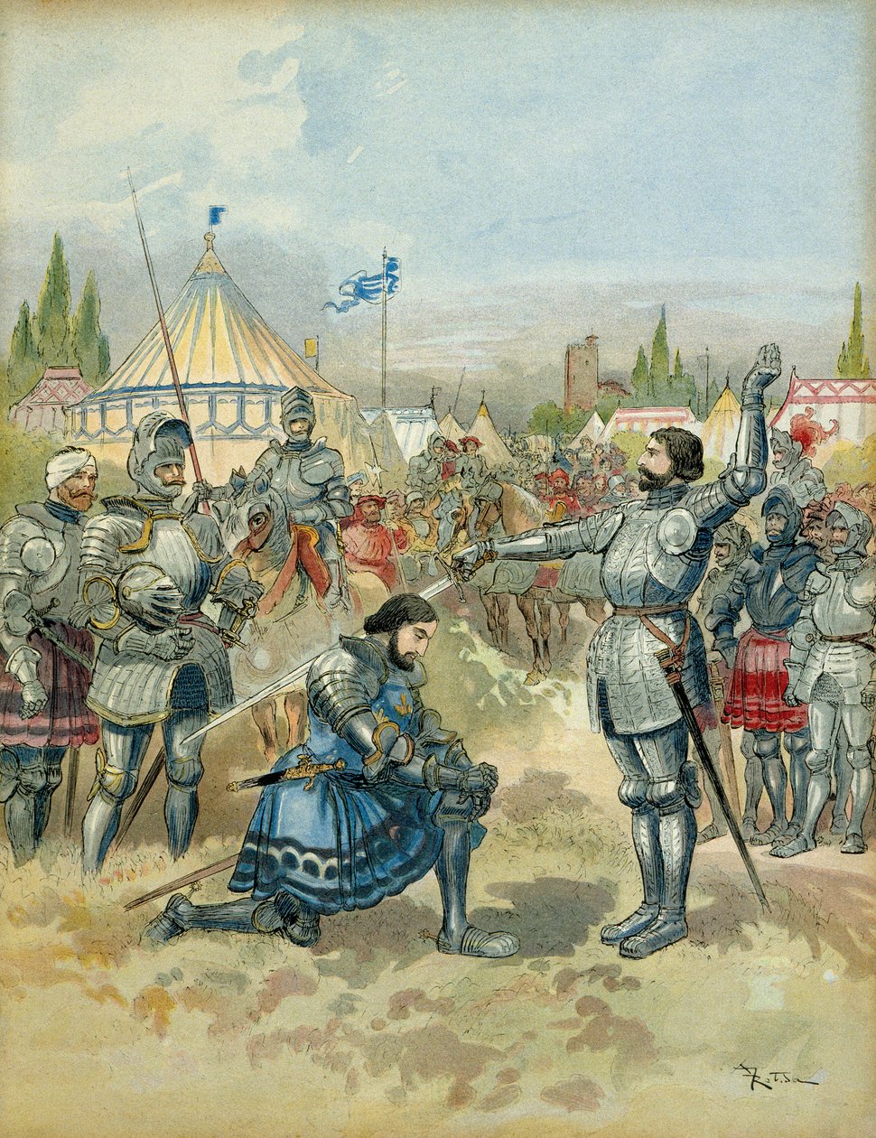 Femte italienske krig (1515-1516): Pierre Terrail de Bayard (1476-1524) rustning Francois 1. (1494-1547) ridder etter slaget ved Marignan (Maregnano) (Italia), kvelden 14. september 1515. Illustrasjon av Albert Robida