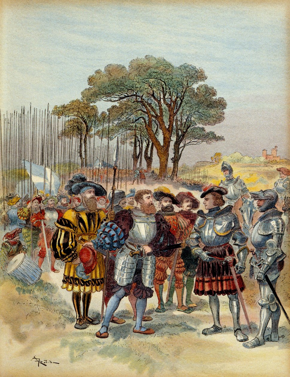 Femte italienske krig (1515-1516): ved leiren trakk seg tilbake fra Bicocca (bicoque) foran Milano (Italia), i 1516, krevde sveitserne lønn, conge eller kamp, Odet de Foix, Viscount de Lautrec, marechal of France (1485-1528) kunne ikke betale dem. Illustra av Albert Robida