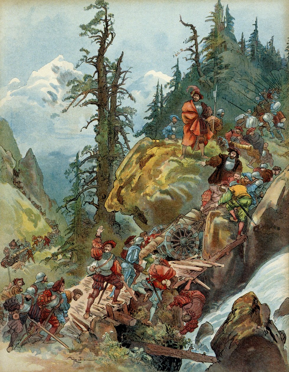 Femte italienske krig (1515-1516): passasjen av Alpene i august 1515, ved Larche-passet, av hæren til Francois I (1494-1547), på vei til Italia. Illustrasjon av Albert Robida