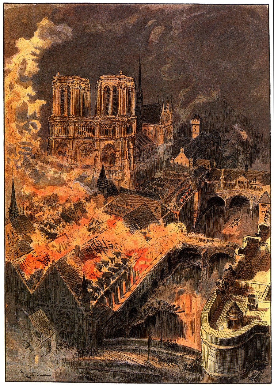Brann på Hotel-Dieu, nær Notre-Dame de Paris, natten 29.–30. desember av Albert Robida