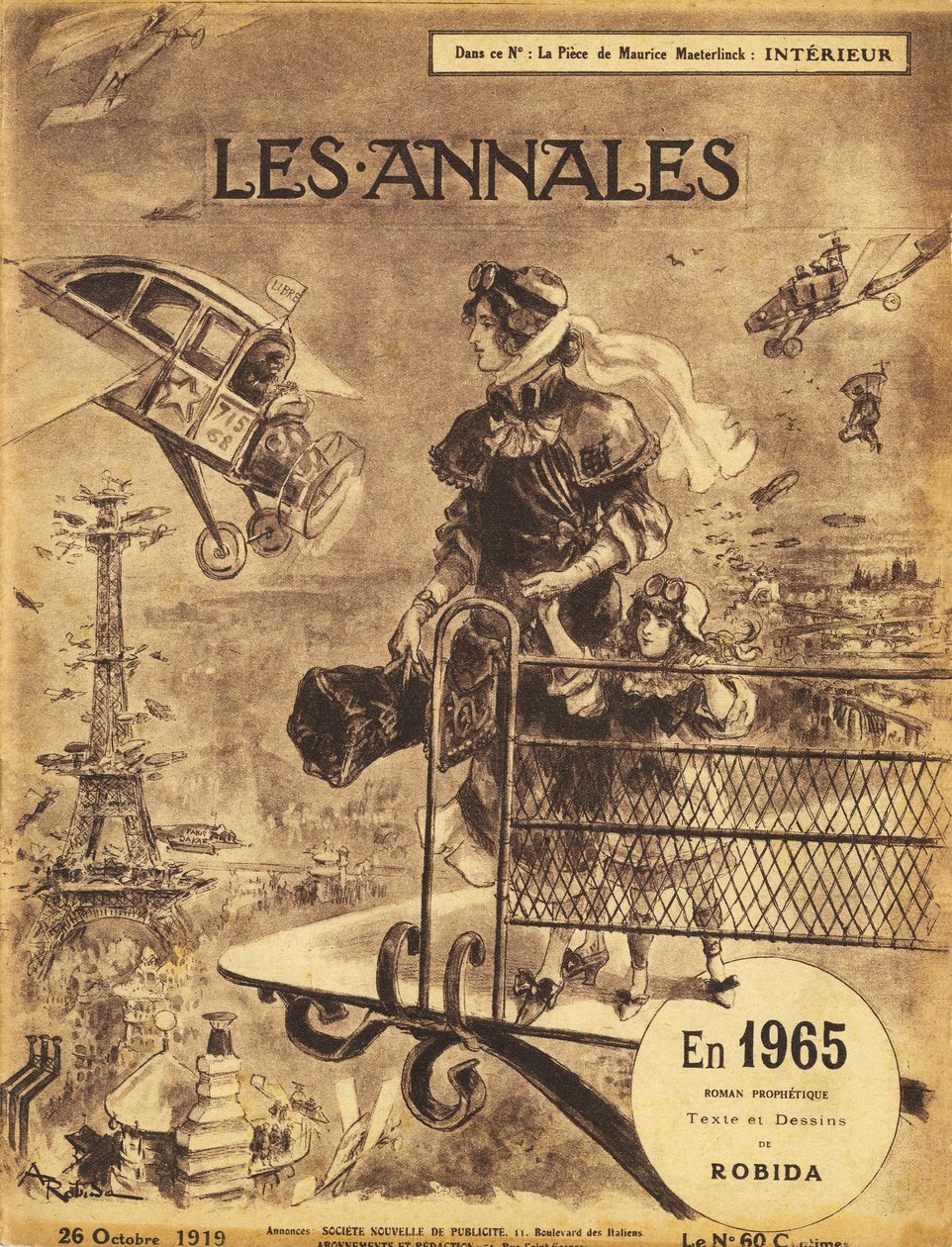 Første utgivelse av den profetiske romanen «En 1965»» av Albert Robida (1848-1926) i 1919 i magasinet «Annales Politiques et Litteraires» - Paris lider av trafikkbelastning... i himmelen! Selvflygende (selvflygende) og taxifly (fly av Albert Robida