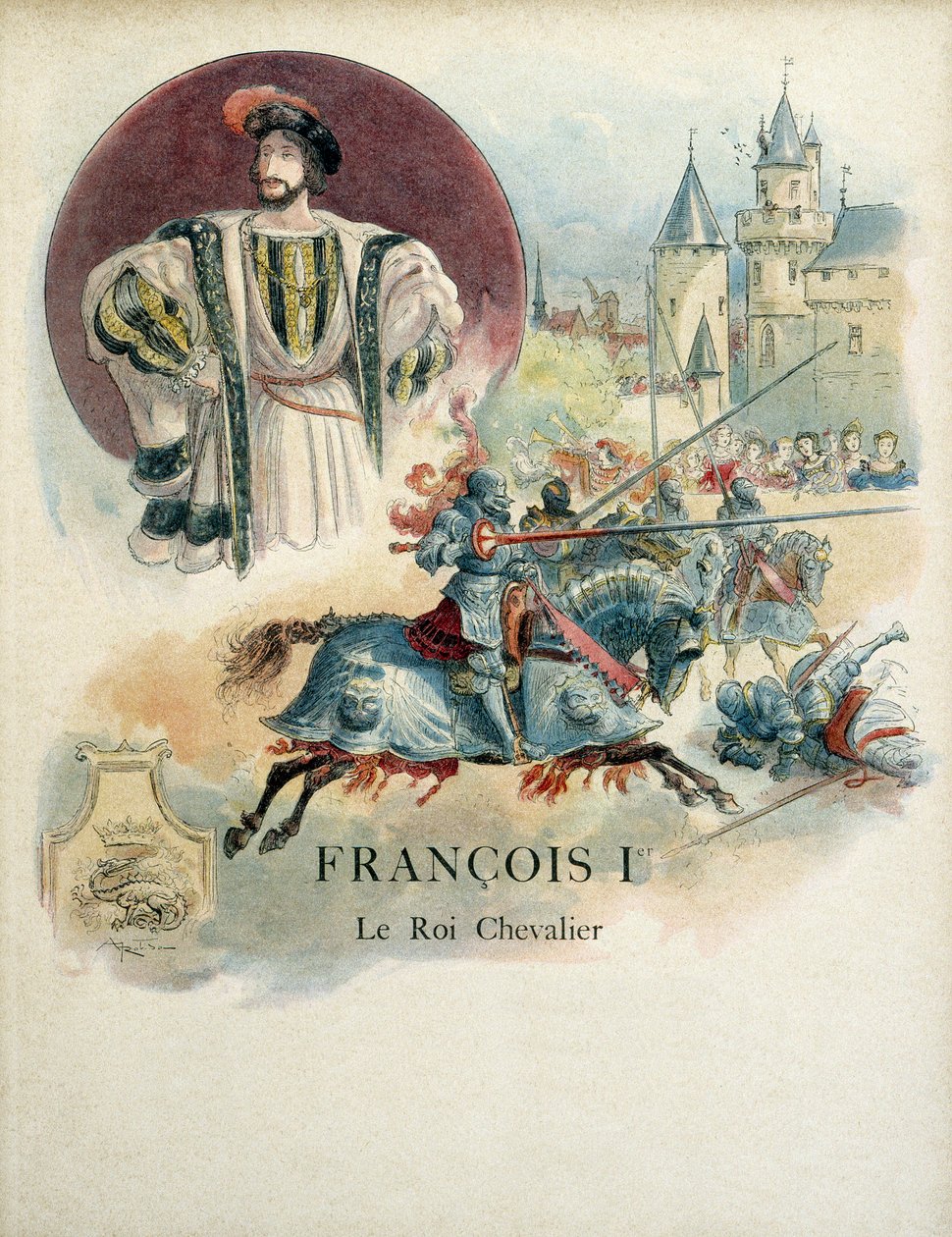 Francois I (1494-1547), portrett av kongen av Frankrike og turneringsscene. Illustrasjon av Albert Robida (1848 - 1926) av Albert Robida