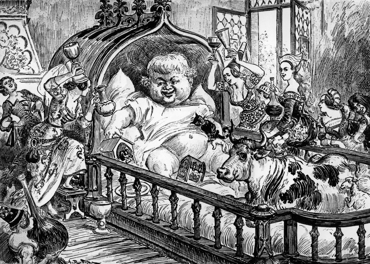 Store og uvurderlige kronikker av det store og enorme gigantiske anonyme verket Gargantua som inspirerte Francois Rabelais til quot;Pantagruelquot; i 1532, gravering av Albert Robida: her Gargantua som en baby av Albert Robida