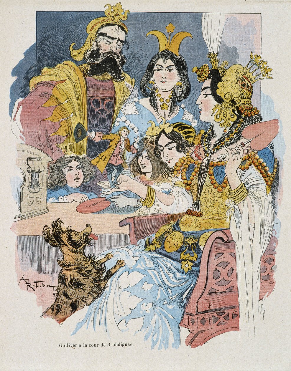 Gulliver ved Brobdignac Court - i "" Gulliver Voyages"" av Swift, ill. av Robida av Albert Robida