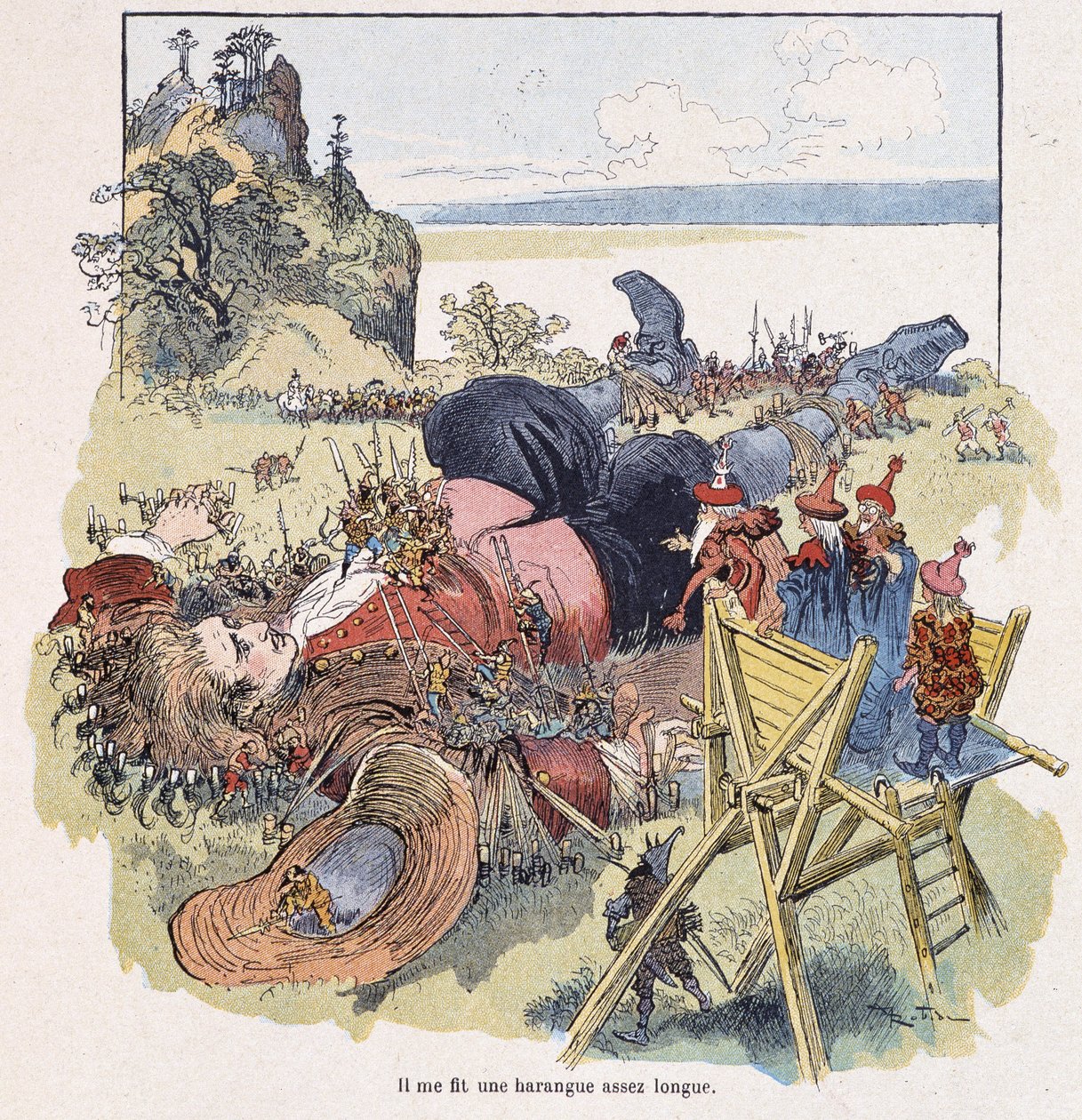 Gulliver bundet av Lilliputians - i "" Gulliver Voyages"" av Swift, syk. av Robida av Albert Robida