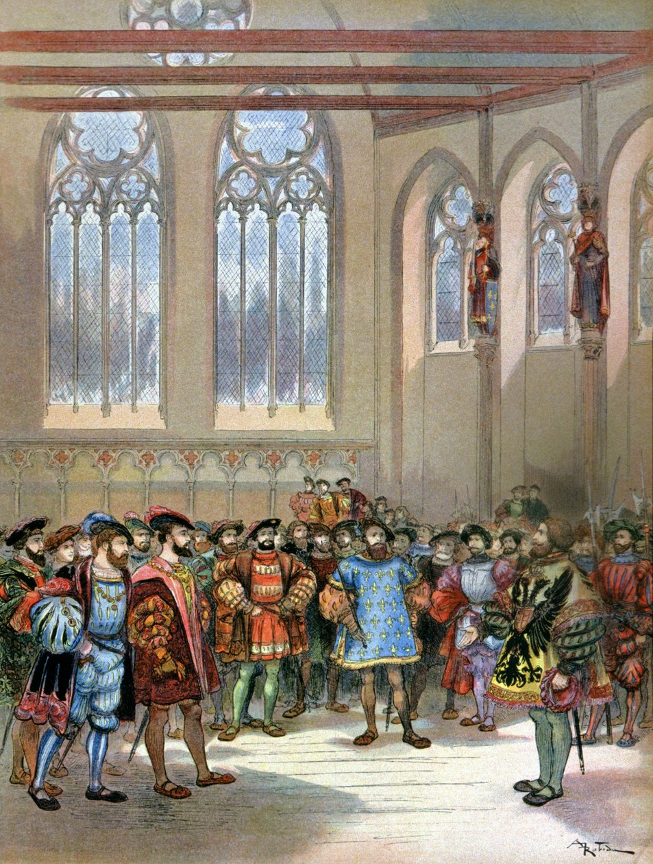 Harbinger av Charles Quint mottatt av Francois I av Albert Robida