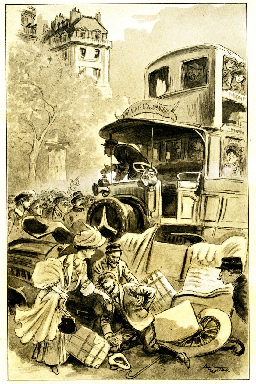 Illustrasjon av Albert Robida (1848-1926) for Leon Berthaults bok «Le record du tour du monde», utgave Mame debut 20. århundre (1911) - en trafikkulykke i Paris rundt 1900: bil påkjørt av en omnibus. Sjåføren er skadet - av Albert Robida