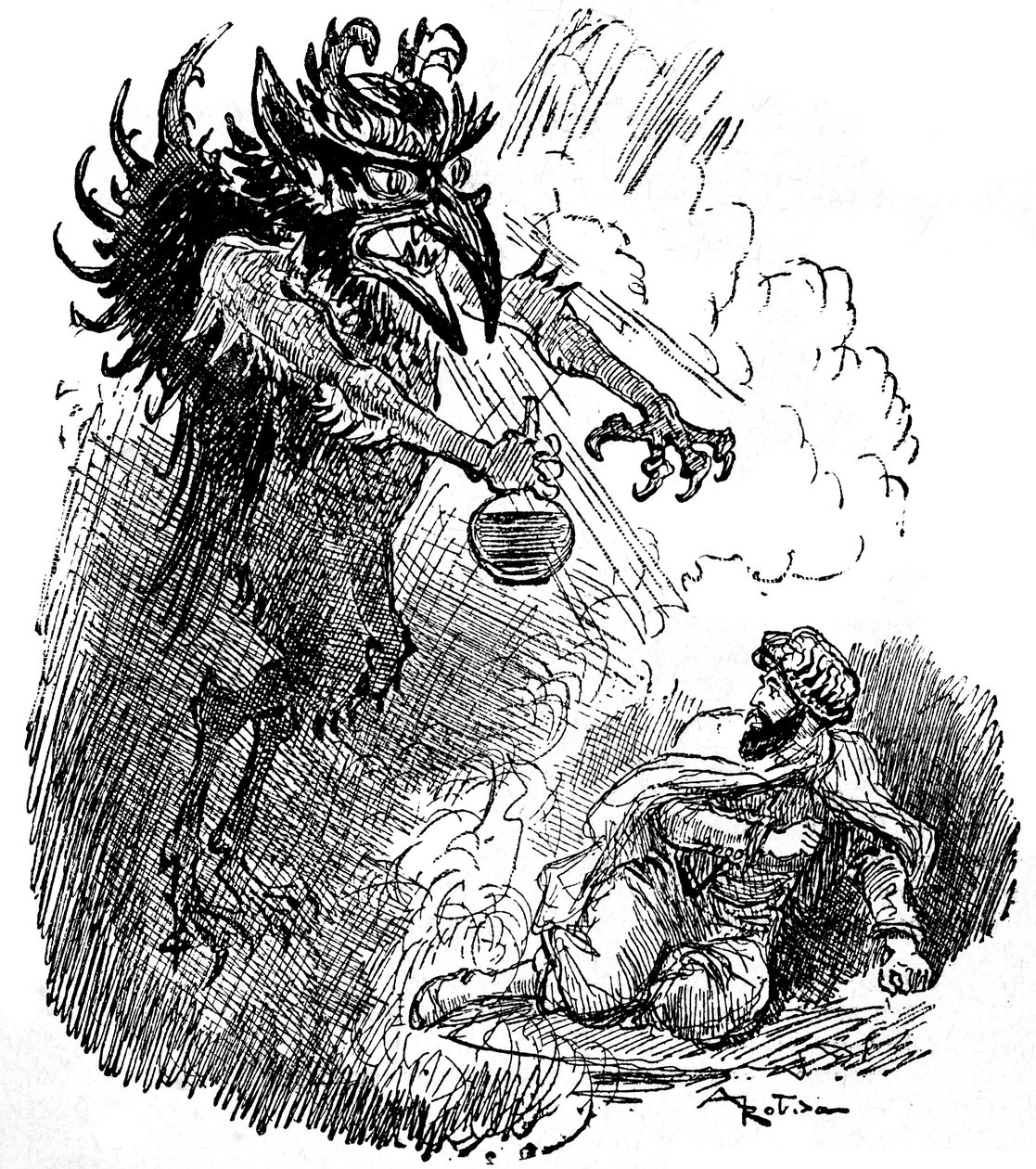 Illustrasjon av Albert Robida (1848-1926) av en arabisk legende (1001 netter) (Tales of the Thousand and One Nights): en fryktelig demon (ond ånd) presenterer en mann med en flaske vin. gravering av boken quot;Choix de lecturesquot;quot; Armand Colin 1926. av Albert Robida