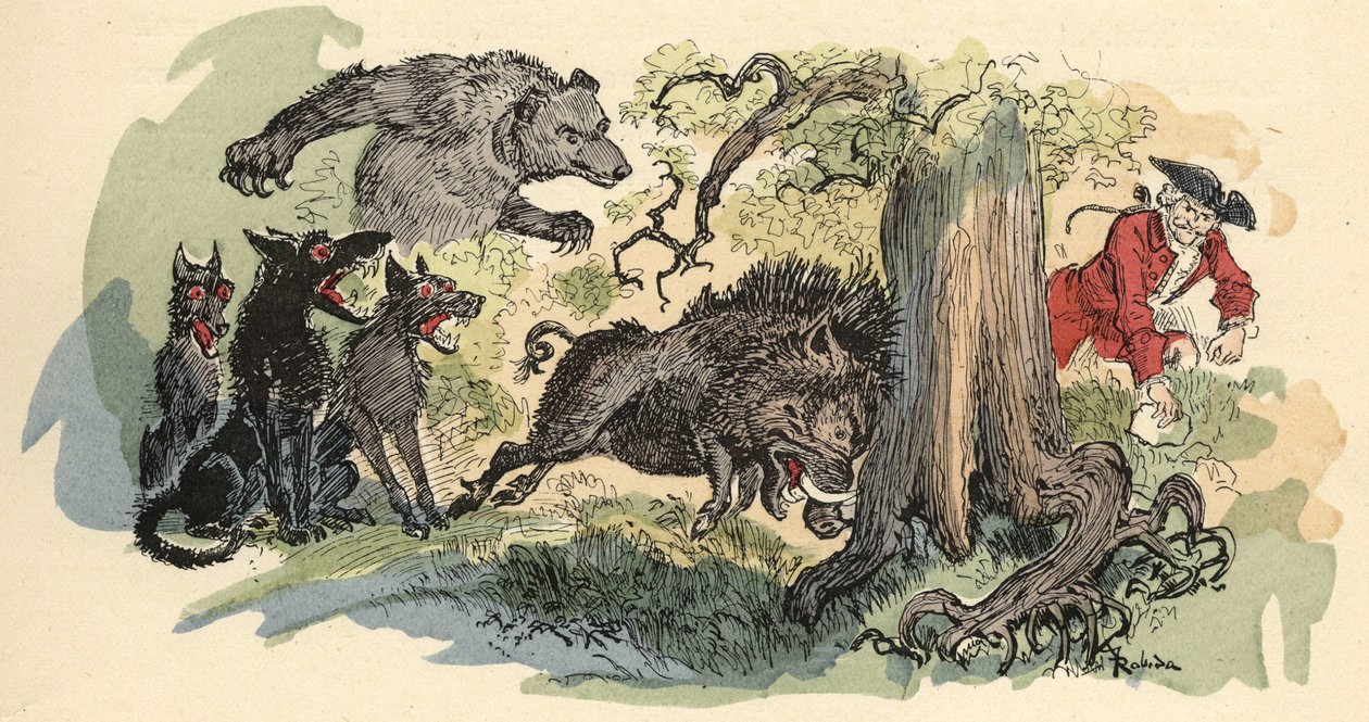 Illustration by Albert Robida in “” History and Adventures of the Baron de Munchausen”” (Munchhausen), H. Laurens Ed., late 19th century.”” av Albert Robida