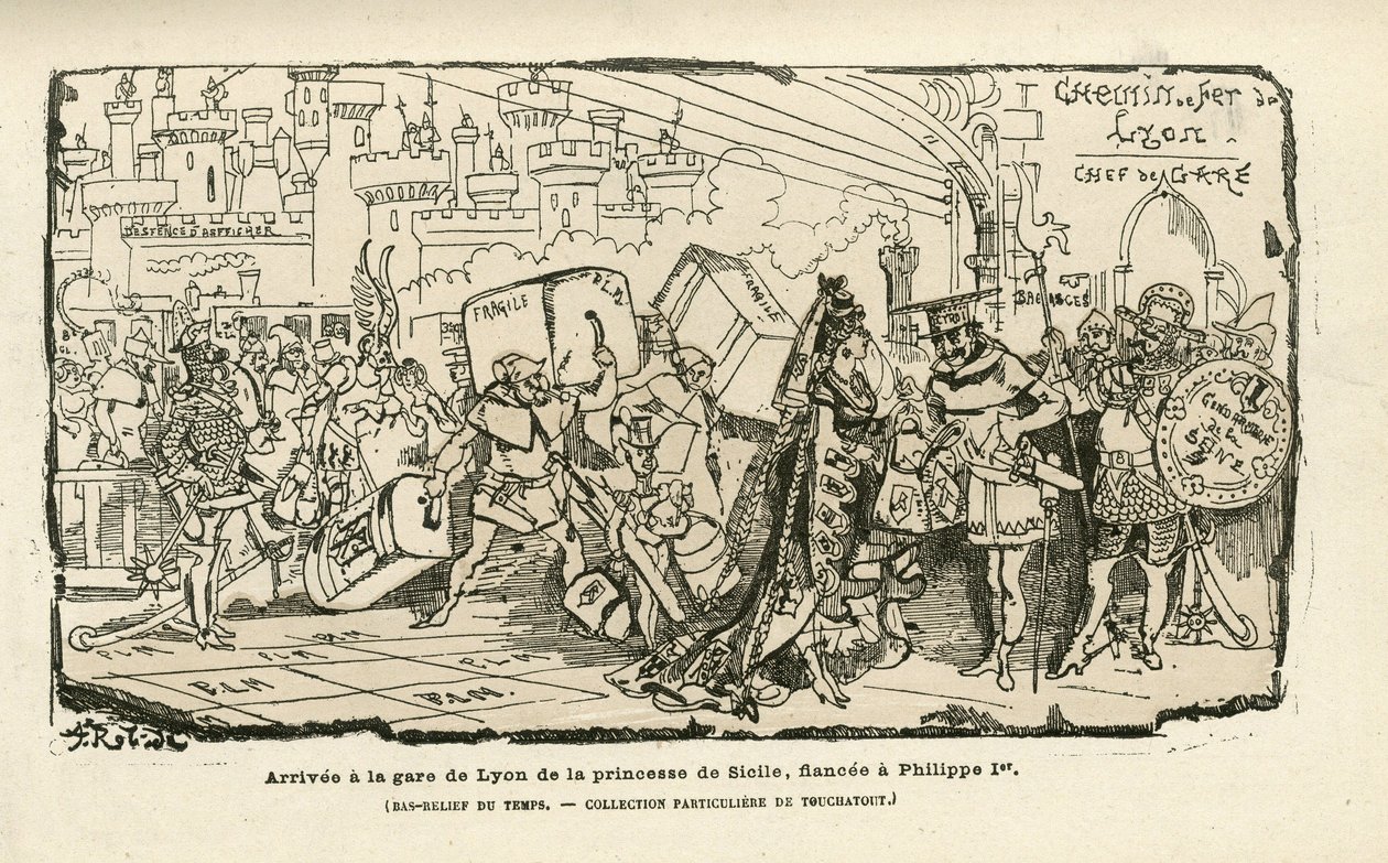 Illustrasjon av Albert Robida (1848-1926) i Histoire de France tintamarresque, ca. 1880 - Stasjon, Ancien-regimet, Sicilia - Philippe I av Albert Robida
