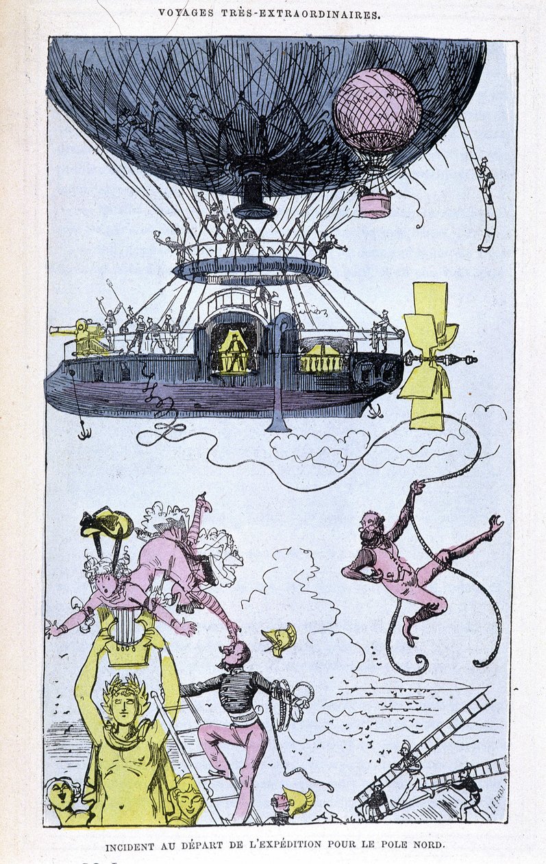 Hendelse ved avgangen av ekspedisjonen til Nordpolen (aerostat og sprø scener), parodi på Jules Verne, "" Veldig ekstraordinære reiser av Saturnin Farandoul i 5 eller 6 deler av verden og i alle landene kjent eller ukjent for Mr. Jules Verne" av Albert Robida