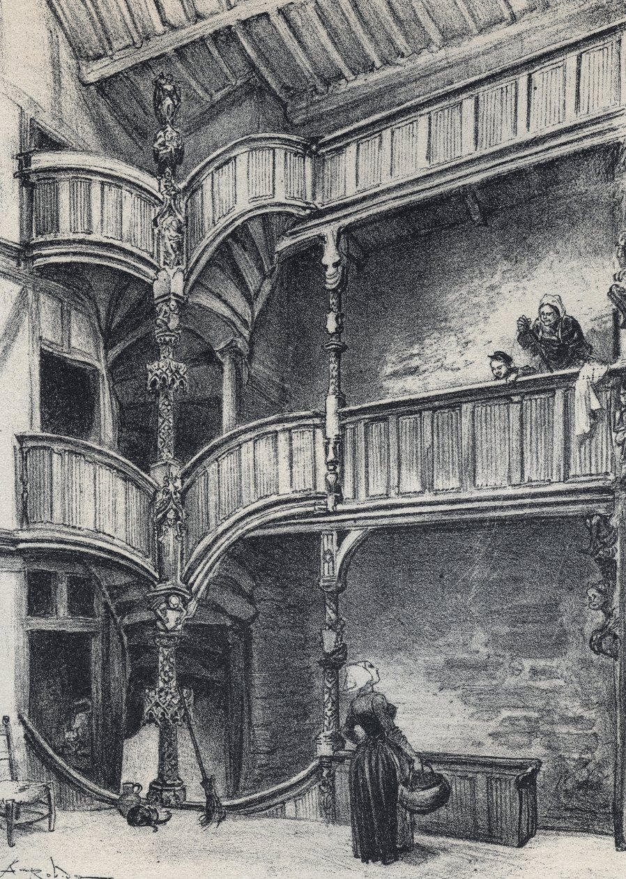 Interiør i et hus i Morlaix - Gamle Frankrike - Bretagne - tekst, tegninger og litografier, av Albert Robida (1848-1926) udatert slutten av 1800-tallet av Albert Robida