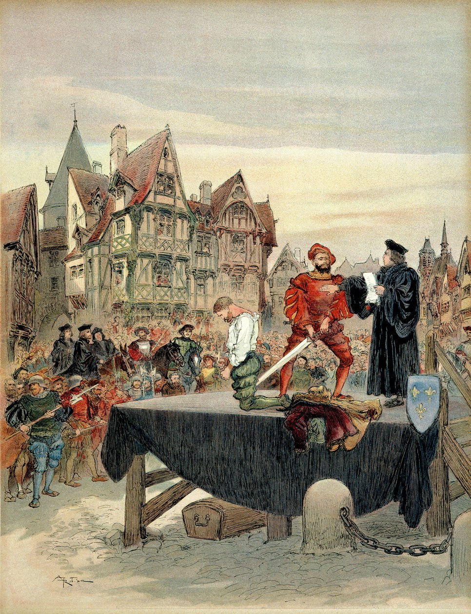 Jean de Poitiers, seigneur av Saint Vallier (ca. 1475-1539), kaptein for vaktene til Charles de Bourbon (1489-1537) var nådig på stillaset i 1524. Illustrasjon av Albert Robida