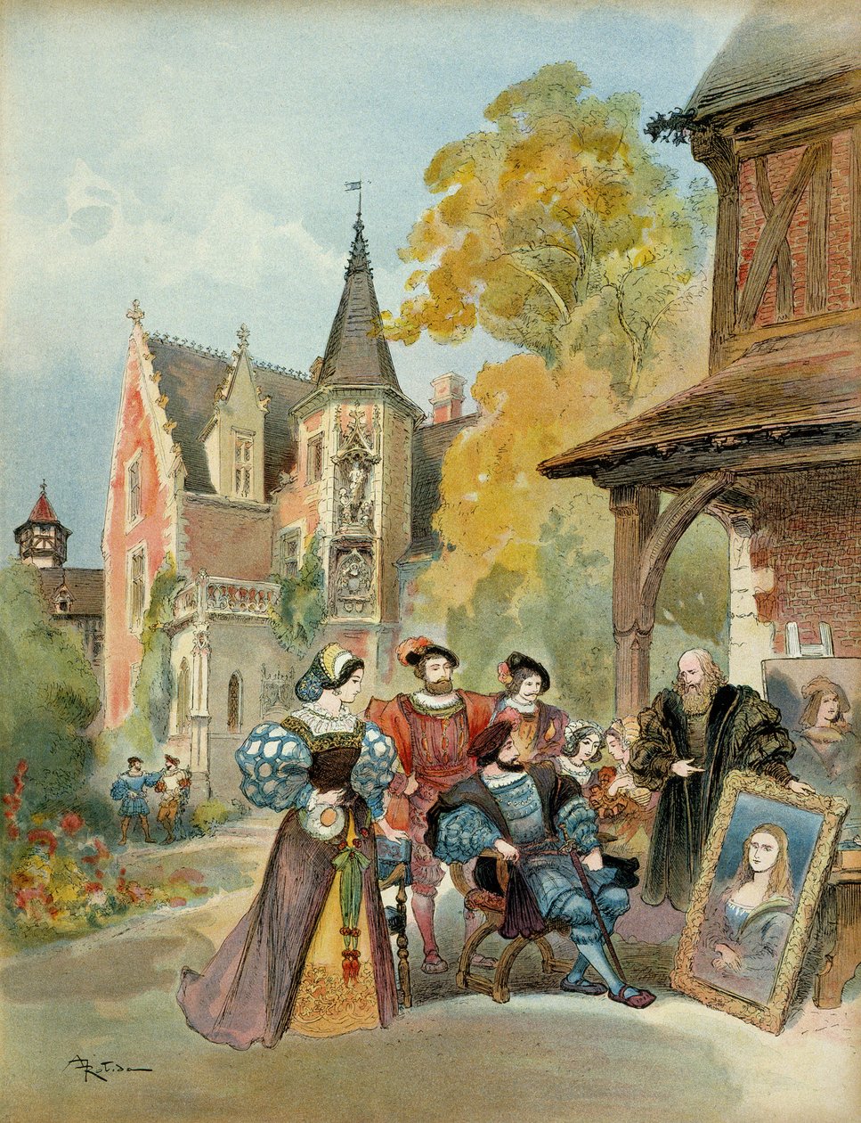 Kong Francois I (1494-1547) kjøpte Mona Lisa til Leonard de Vinci (Leonardo da Vinci) (1452-1519), nær det kongelige slottet i Amboise, mellom 1516 og 1519. Illustrasjon av Albert Robida