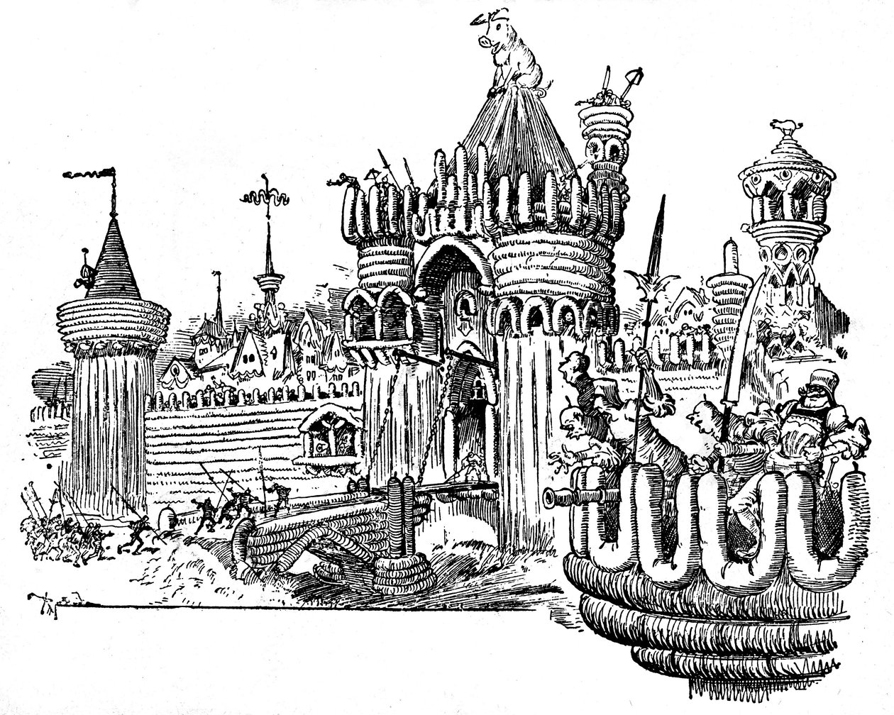 La Cite des Angouiles. Bymurene er laget av biter av pålegg (pølse, pudding), en stor gris sitter på taket av et tårn ved inngangsporten. Illustrasjon av Albert Robida (1848-1926) for en episode av Fourth Livre av Francois Rabelais - L av Albert Robida