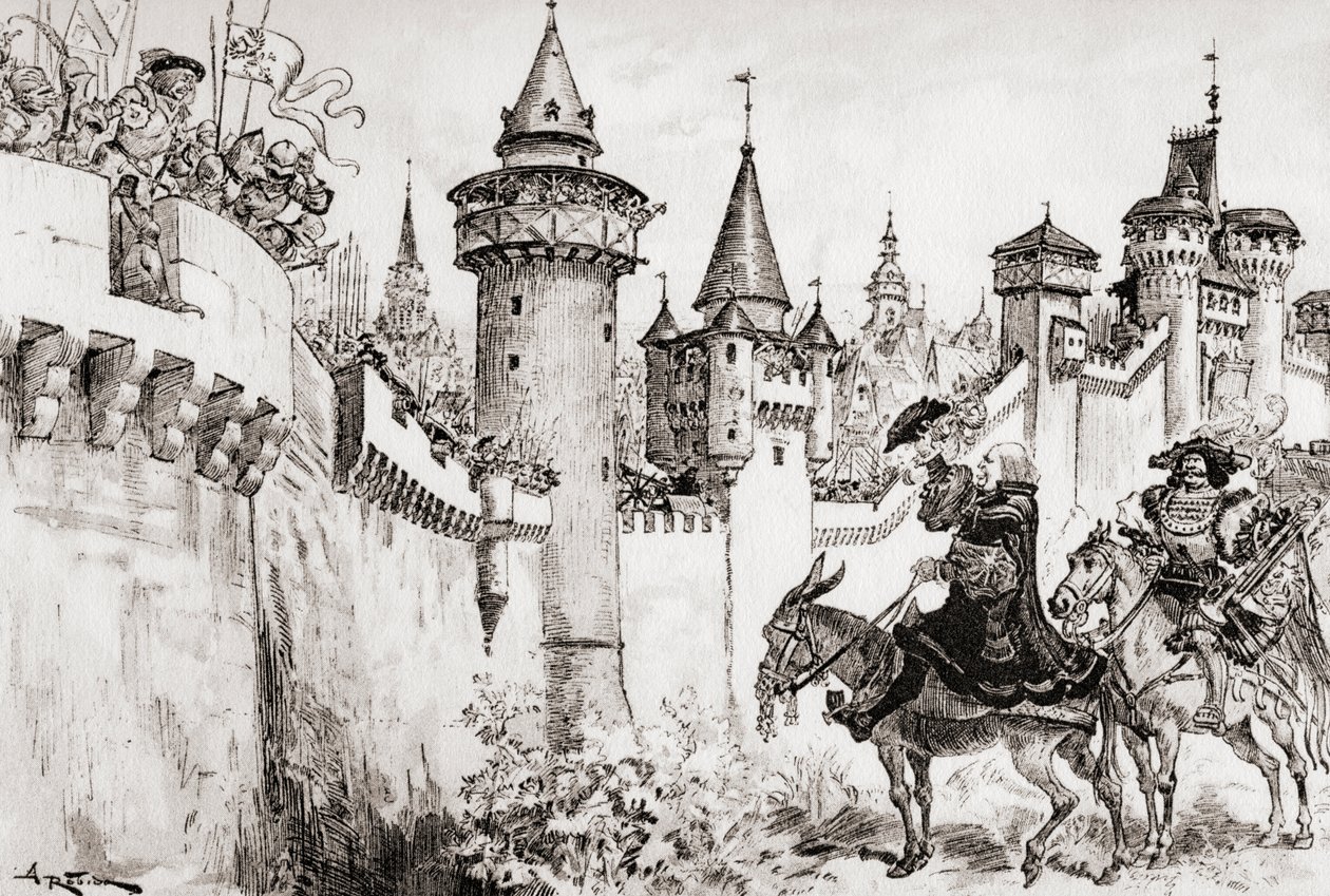 La Harangue Faite Par Ulric Gallet En Picrochole eller harangen levert av Ulric Gallet til Picrochole. av Albert Robida
