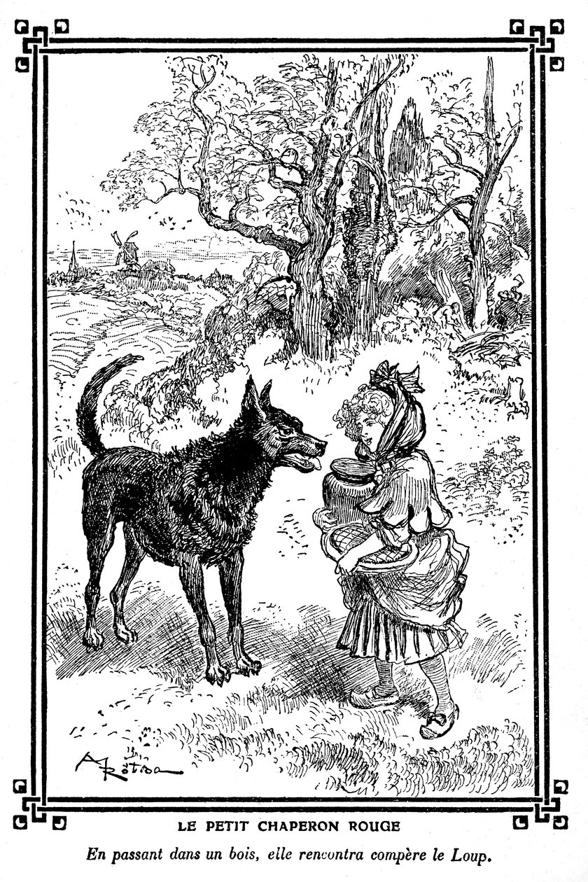 Rødhette, med sin kake og smørkrukke, møter ulven. Tegning av Albert Robida (1848-1926) i en lesebok for barn 1920-1930. av Albert Robida