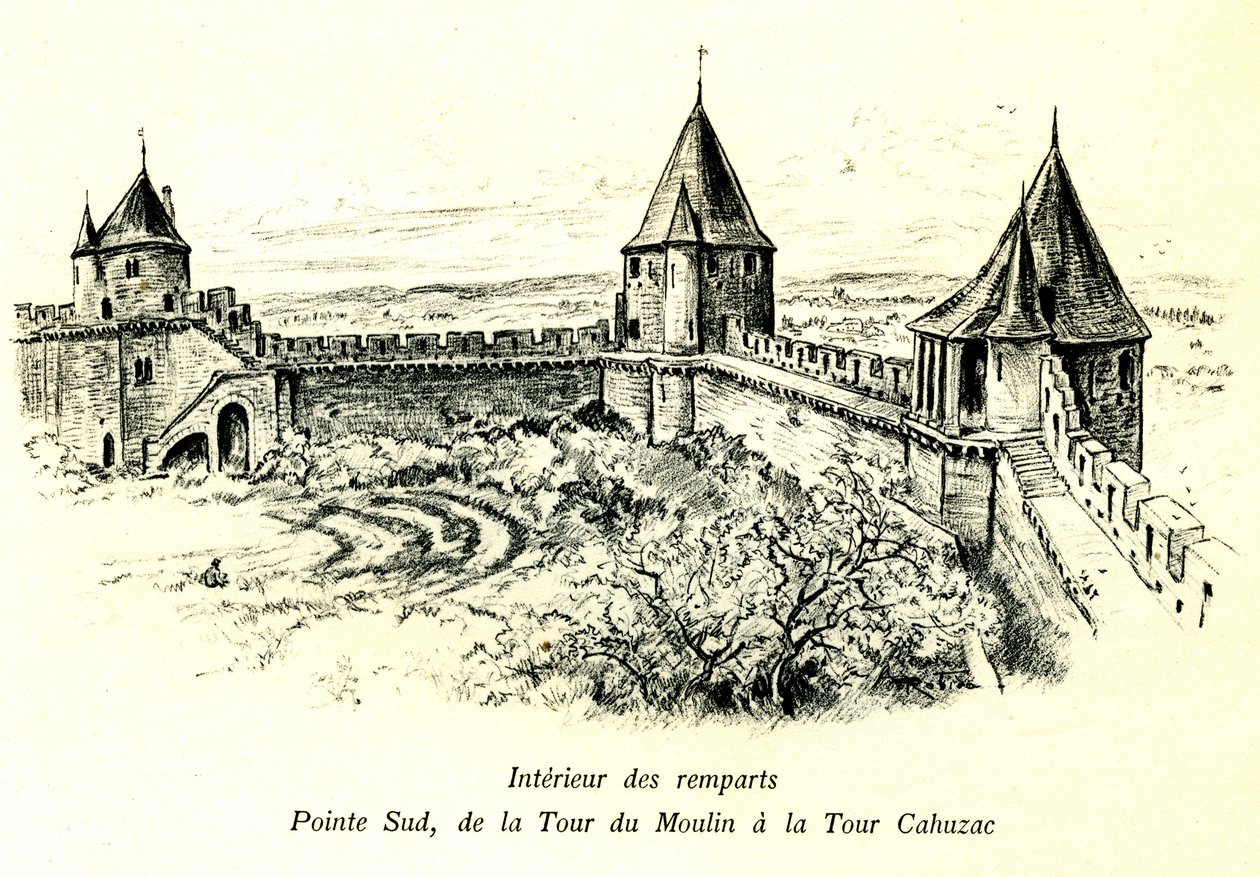Middelalderbyen Carcassonne (Aude, Languedoc, Cathar Country) - Interiør av vollene, sørspissen, fra Moulin-tårnet til Cahuzac-tårnet - plassering av friluftsteateret - romantisk gravering av Albert Robida (1848-1926) i en bok utgitt på beg av Albert Robida