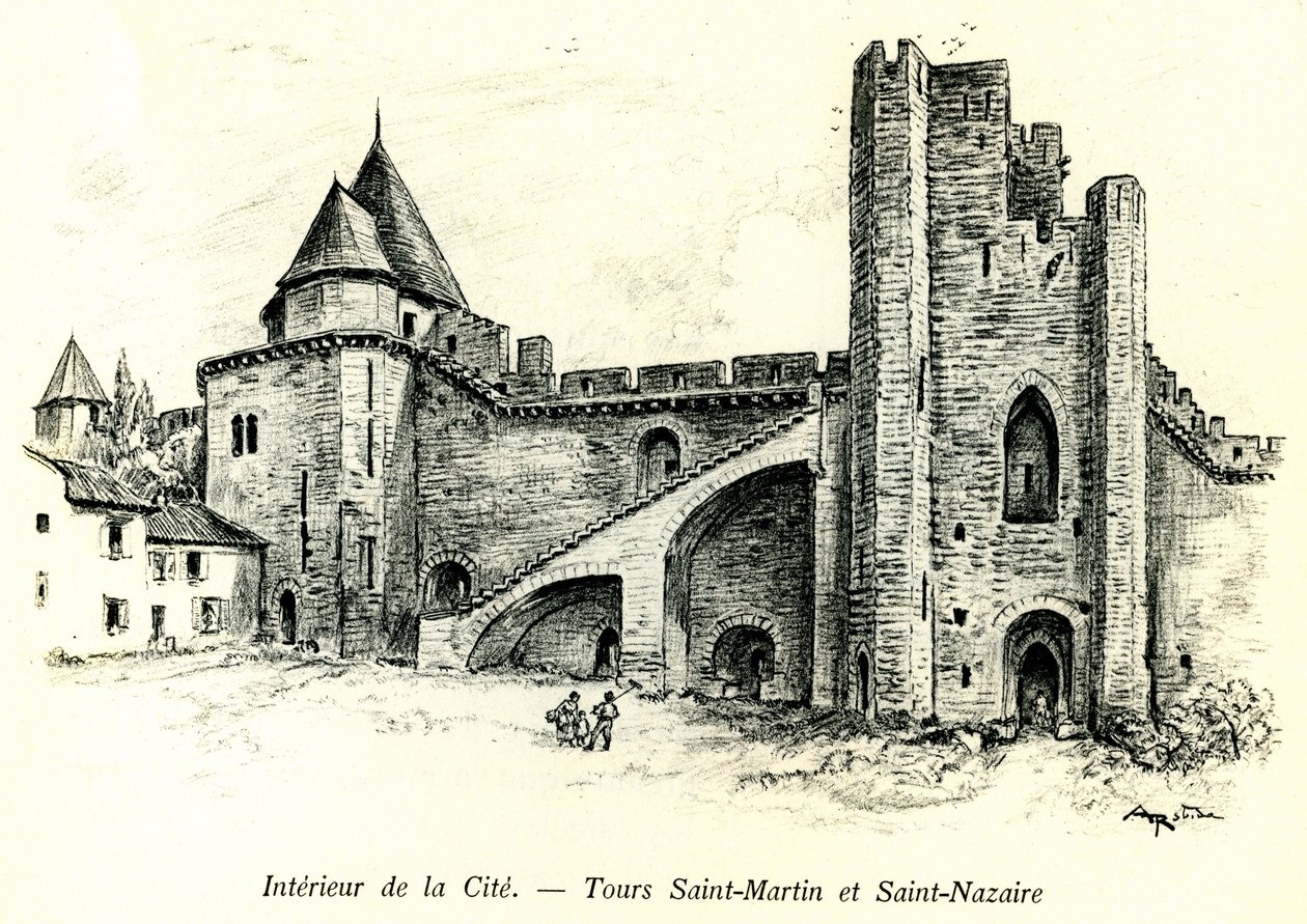 Medievale Cite de Carcassonne (Aude, Languedoc, Pays Cathare) - Tours Saint Martin (Saint Martin) og Saint Nazaire (Saint Nazaire) med hus bygget mot vollene - romantisk gravering av Albert Robida (1848-1926) i en bok utgitt på begynner av Albert Robida