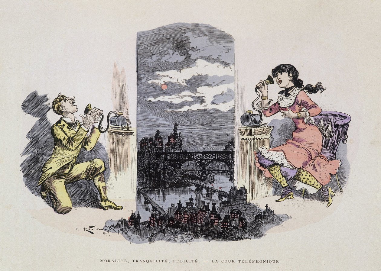 Moral, ro, lykke - Telefondomstolen, karikatur av Robida, sd. 1800-tallet av Albert Robida