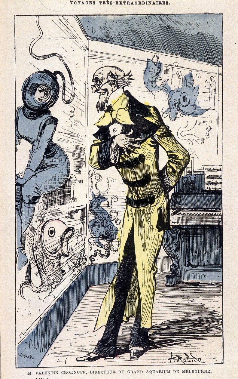 Mr. Valentin Croknuff, direktør for det store akvariet i Melbourne, parodi på Jules Verne, "" Veldig ekstraordinære reiser av Saturnin Farandoul til 5 eller 6 deler av verden og til alle land kjent eller ukjent for Mr. Jules Verne" av Robida, Paris av Albert Robida