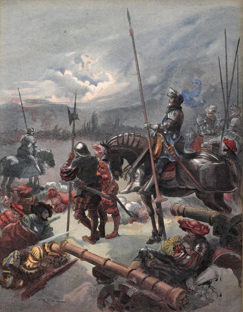 On the night of Marignan, illustrasjon fra 'Francois Ier: Le Roi Chevalier, av George G. Toudouze, pub. 1909 (farge litho) av Albert Robida