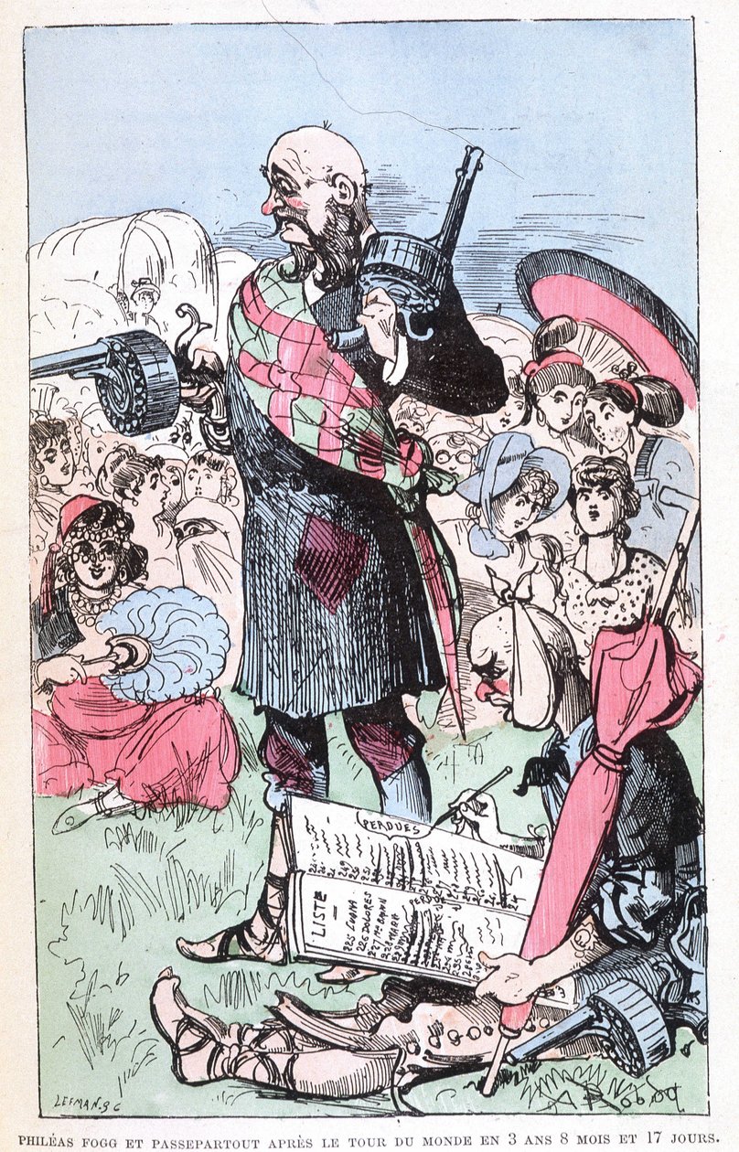 Philéas Fogg og Passepartout etter verdensomvisningen på 3 år 8 måneder og 17 dager, parodi på Jules Verne, "" Veldig ekstraordinære reiser av Saturnin Farandoul i 5 eller 6 deler av verden og i alle land kjent eller ukjent for Mr. Jules Verne"" av av Albert Robida