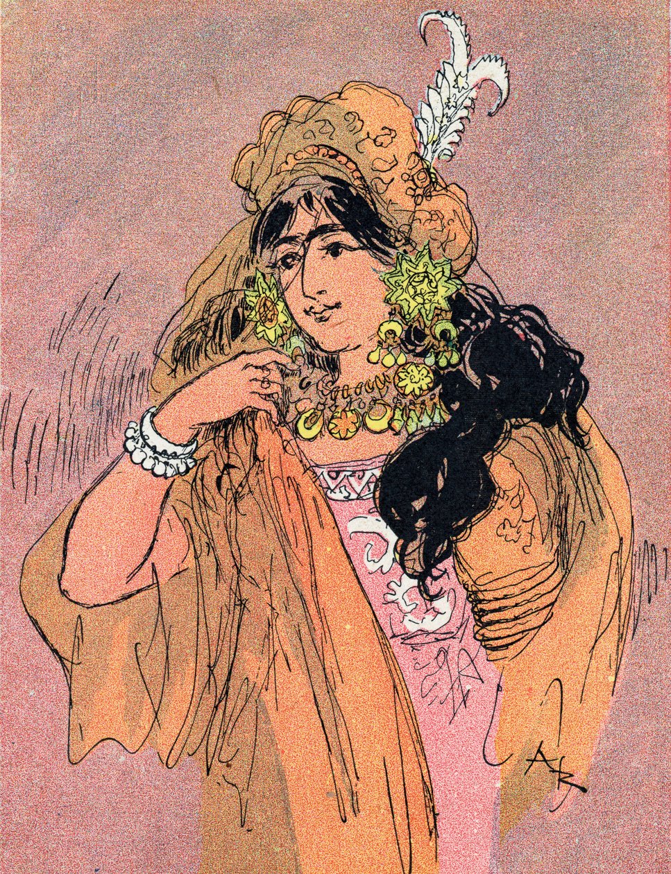 Portrett av prinsesse Bradoulboudour (Portrett av prinsesse Badroulbadour) Illustrasjon av Albert Robida (1848-1926) for fortellingen "Aladin og den fantastiske lampen" i "" les mille et une nuits"" (Illustrasjon til fortellin av Albert Robida