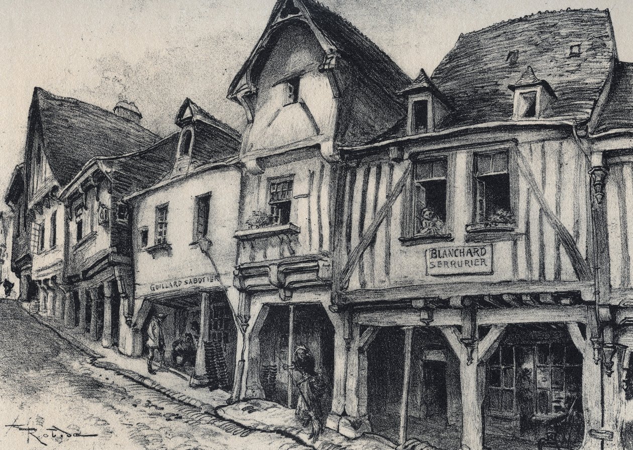 Rue Poterie a Fougeres i departementet Ille-et-Vilaine - Gamle Frankrike - La Bretagne - tekst, tegninger og litografier, av Albert Robida (1848-1926) av Albert Robida