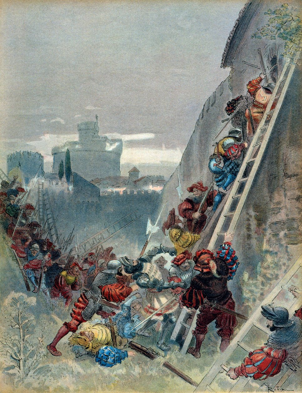 Syvende italienske krig (1526-1529): Karl III av Bourbons død (1490-1527) ved beleiringen av Roma 6. mai 1527. Illustrasjon av Albert Robida