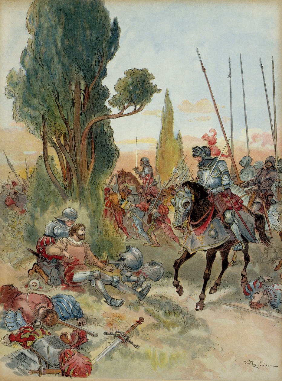 Sjette italienske krig (1521–1526): Pierre Terrail de Bayards død (1476–1524), såret av et arkebusangrep ved Rebec (Italia), i 1524, møtte ham Charles de Montpensier, som var tilkoblet Bourbon (1490–1527). . Illustrasjon av Albert Robida