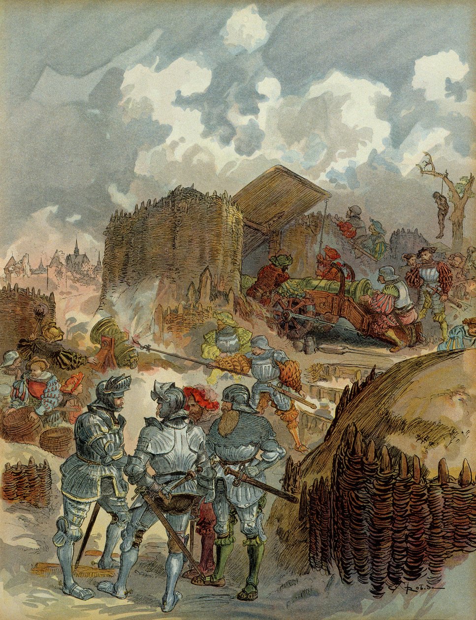 Sjette italienske krig (1521-1526): Pierre Terrail de Bayard (1476-1524) ved hovedkvarteret til Mezieres i 1521. Illustrasjon av Albert Robida