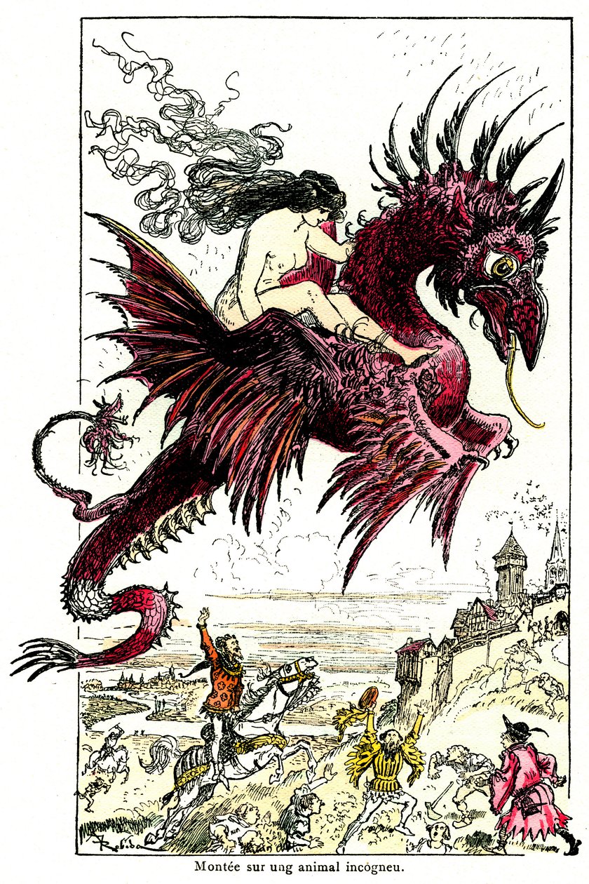Succubus: kvinnelig demon (kvinne - kvinne) som rir på en drage - illustrasjon av Albert Robida for Drolatic Tales av Honore de Balzac - begynnelsen av 1900-tallet av Albert Robida