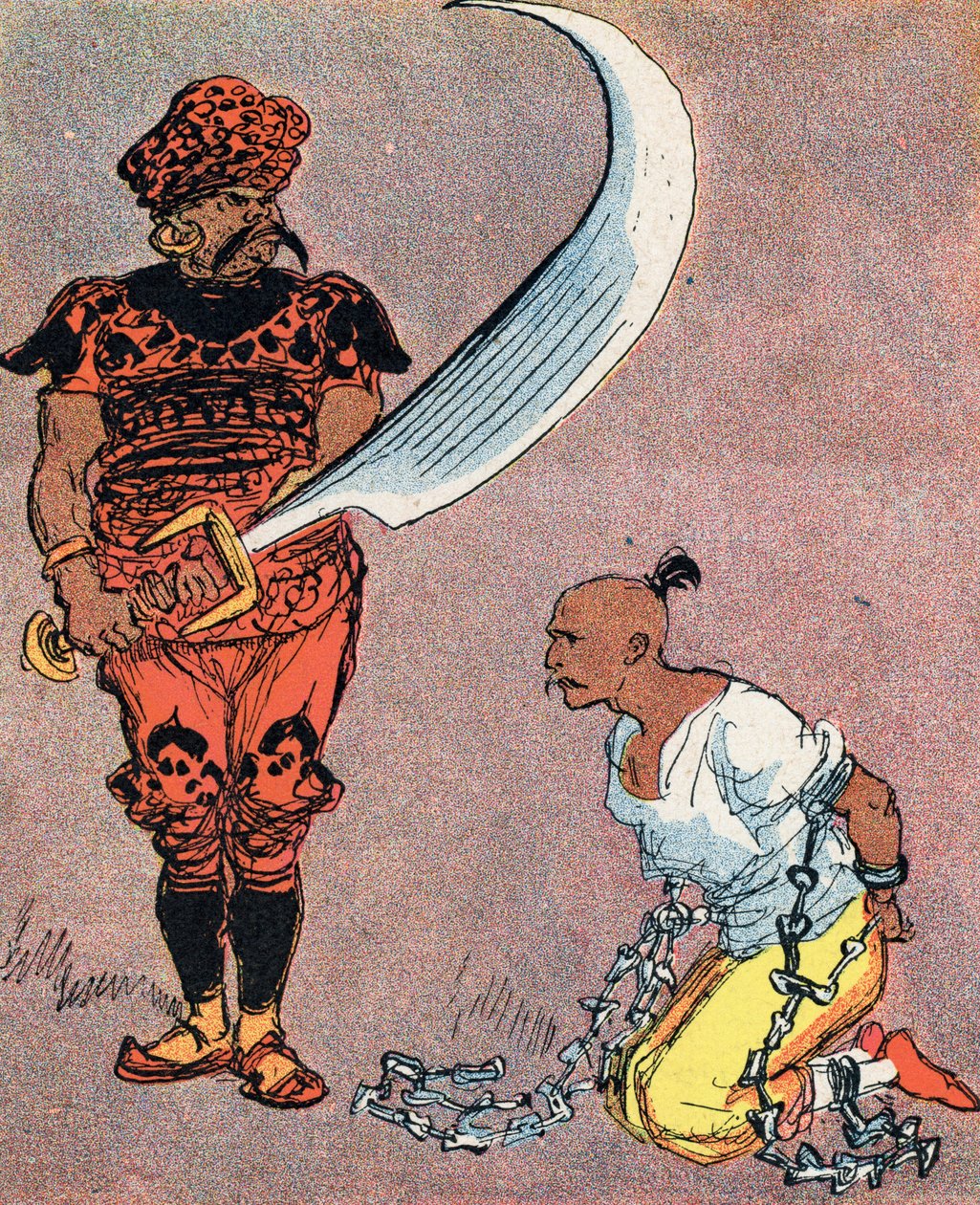 Sultanen beordrer å kutte hodet av Aladdin Illustrasjon av Albert Robida (1848-1926) for eventyret "Aladin og den fantastiske lampen" i "" les mille et une nuits" (Illustrasjon til historien "" Aladdin"" i " av Albert Robida