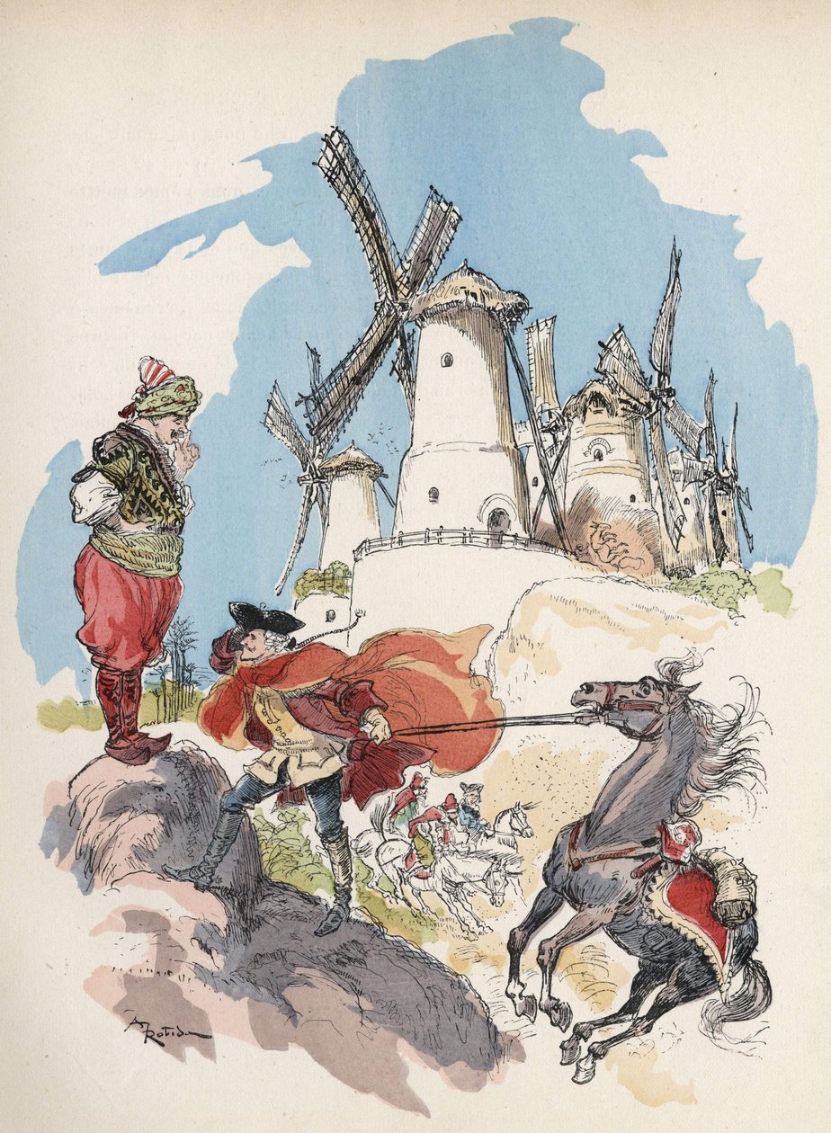 Baronen de Munchausen som nettopp krysset den egyptiske grensen er fanget i en storm provosert av en stor skikkelse for å få de 7 fabrikkene til å kjøre. "" Illustrasjon av Albert Robida - i "" History and Adventures of the Baron de Munchausen"" (Munchhaus av Albert Robida