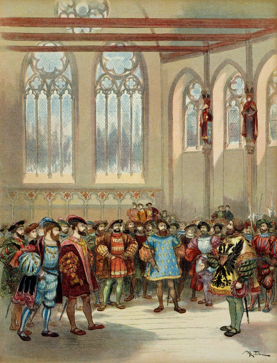 Burgund heraut, sendt av Charles V (1500-1558), ble mottatt av Francois I (1494-1547) i den store salen til Parliamentarom i Paris, første halvdel av 1500-tallet. Illustrasjon av Albert Robida