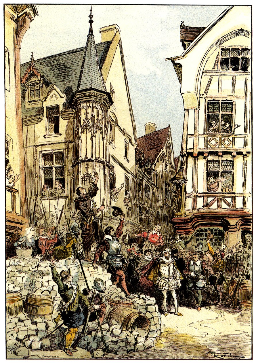 Hertugen av Guise jublet av folkemengden og soldatene fra Gardes Francaises-regimentet i Paris på barrikadedagen. av Albert Robida